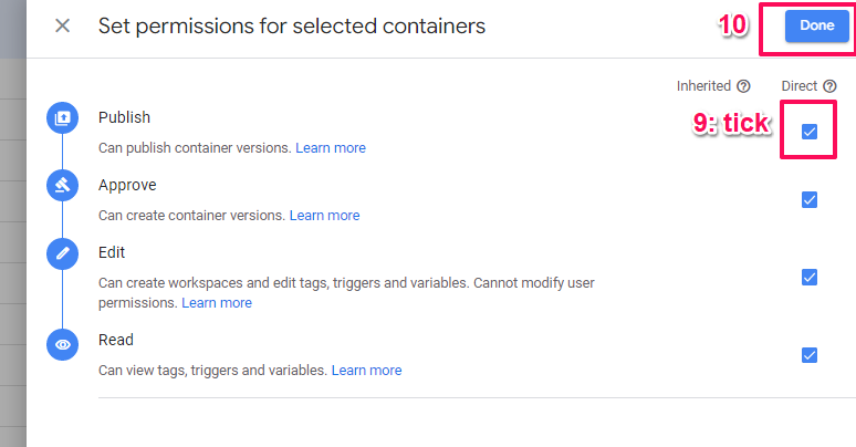 Set all container permissions to Publish in GTM
