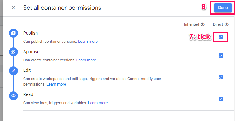 Set all Container permissions in GTM